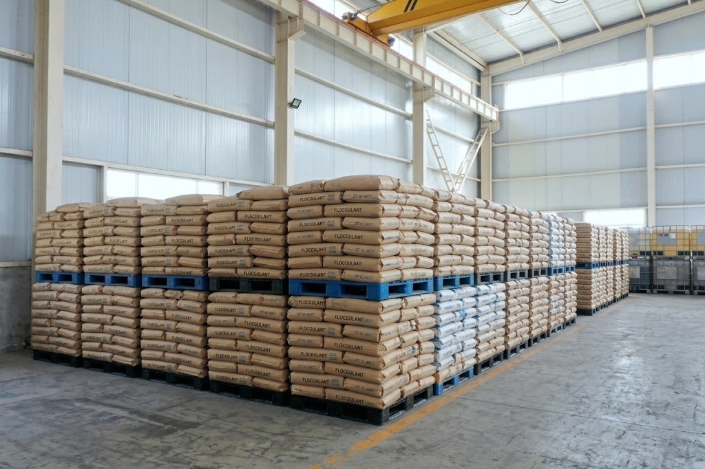 Flocculant and cobalt sulfate in storage at the Deyuan Chemicals Africa warehouse